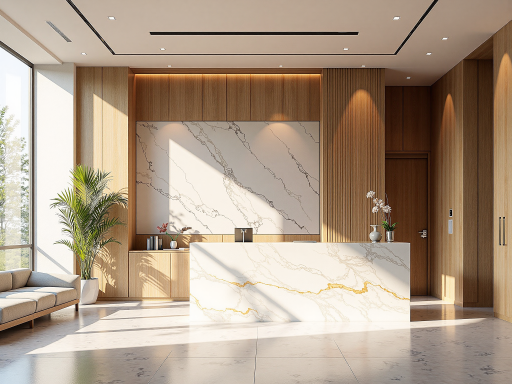 现代办公前台接待区域，简约设计风格，接待台配有绿植装饰，明亮自然光线，商务氛围