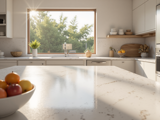 现代厨房橱柜，白色门板设计，嵌入式把手，石英石台面，厨房布置，整洁明亮