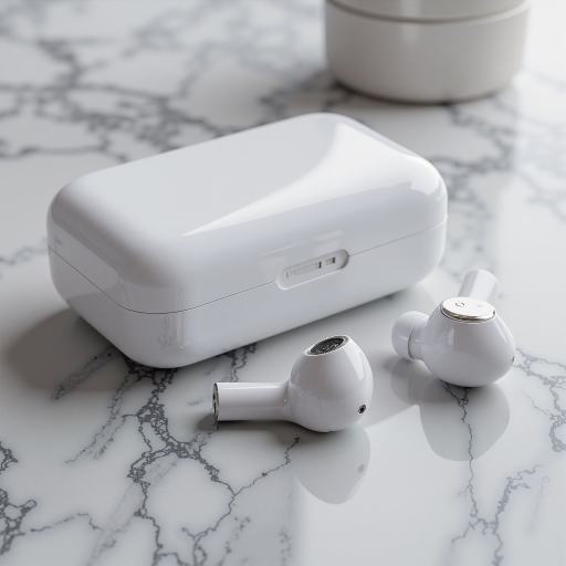 Premium wireless earbuds with noise cancellation, white color, modern design